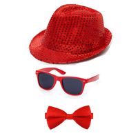 Carnaval verkleed set glitter hoed bril en strikje rood - thumbnail