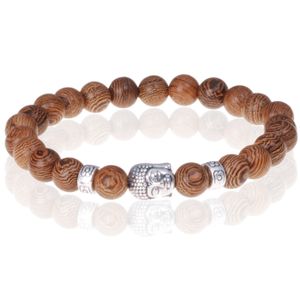 Bruine houten kralen armband zilverkleurige Buddha