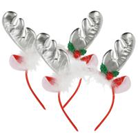 Kerst diadeems/haarbanden - 2x - rendier gewei met oren - zilver - polyester - accessoires - thumbnail