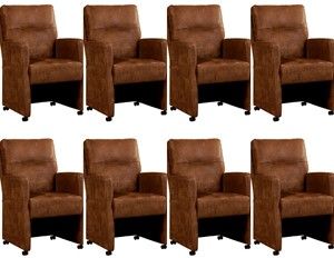 Set van 8 Bruine leren landelijke eetkamerfauteuils Sharp - Kenia Leer Brown (bruin leer)