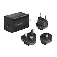 LogiLink GaN (galliumnitride) USB-snellaadadapter 30 W, PD3.0 + QC3.0, met adapters voor de VS, Canada, Europa, Australië en vele andere landen/regio's