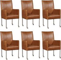 Set van 6 Cognac leren moderne eetkamerstoelen Spark - poot rond rvs met wiel - Vintage Leer Cognac (cognac leer)