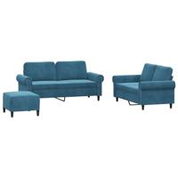 vidaXL 3-delige Loungeset met kussens fluweel blauw, fauteuil, bank, zitbank, 2-zitsbank, sofa, fauteuil stoel, 2 zits bank, twee zits bank