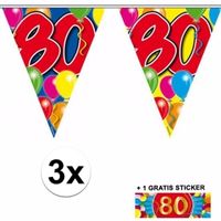 3 Gekleurde slingers 80 jaar met sticker