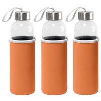 3x Stuks glazen waterfles/drinkfles met oranje softshell bescherm hoes 520 ml - thumbnail