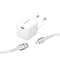 Intenso Power Adapter W30C GaN set, USB-C voeding met 30 watt en GaN-technologie en USB-C naar Lightning Data + oplaadkabel, Mfi-gecertificeerd, wit
