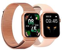DCU TECNOLOGIC Kleurrijke 2 smartwatch met 2 armbanden: roségoud en rosémetaal, IPS-touchscreen, 4,91 cm (1,91 inch), IP67 waterdicht, 128 sportmodi