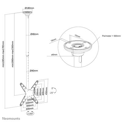 Neomounts FPMA-C340BLACK TV-plafondbeugel In hoogte verstelbaar 81,3 cm (32) - 190,5 cm (75) Zwenkbaar, Roteerbaar, Kantelbaar