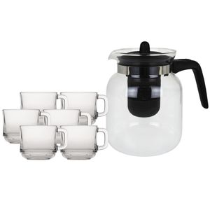 Glazen theepot met filter/infuser van 1,5 liter met 6x stuks theeglazen van 220 ml