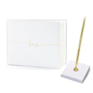 Gastenboek/receptieboek met luxe pen in houder - Bruiloft - wit/goud - 24 x 18,5 cm