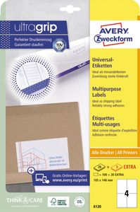 Avery Zweckform 6120, Universele etiketten, Ultragrip, wit, 25+5 vel, 4 per vel, 105 x 148 mm