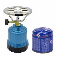 Camping kookstel kunststof metallic blauw incl. gas navulling priktank 190 gram