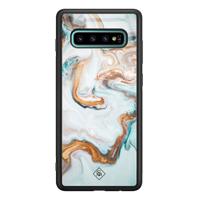 Samsung Galaxy S10 Plus glazen hardcase - Goud blauw marmer