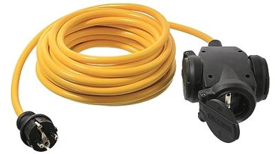 as - Schwabe Verlenging 15 m, K35 AT-N07 V3V3-F 3G2,5 kabel, geaarde stekker & driewegkoppeling incl. beschermkap – 230 V / 16 A verlengkabel – IP44 – oranje I 60343