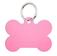 Hondenpenning in botvorm, aluminium, roze, incl. dubbelzijdige wensgravure 3 x 2 cm.