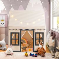 Speeltent voor Kinderen met Sterlichtslingers Wasbaar Koraalfluwelen Tapijt 3-4 Kinderen 121 x 101 x 137 cm Beige - thumbnail