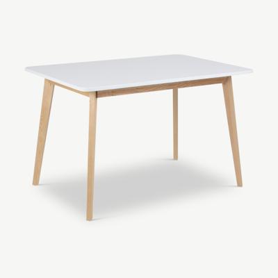 Brand eettafel, wit MDF hout & berken onderstel