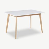 Brand eettafel, wit MDF hout & berken onderstel