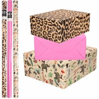 6x Rollen kraft inpakpapier jungle/panter pakket - dieren/luipaard/roze 200 x 70 cm - thumbnail