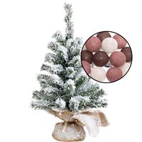 Mini kerstboom besneeuwd - incl. verlichting met bollen mix rood - H45 cm - thumbnail