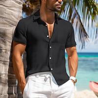 Voor heren Katoenen linnen overhemd Wit katoenen overhemd Zomer overhemd Normaal shirt Cubaans overhemd Zwart Wit Geel Marineblauw Korte mouw Effen Revers Lente zomer Hawaii Feestdagen Kleding Zak Lightinthebox - thumbnail