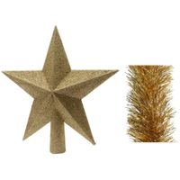 Kerstversiering kunststof glitter ster piek 19 cm en folieslingers pakket goud van 3x stuks