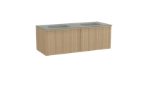 Balmani Forma zwevend badmeubel 135 x 55 cm naturel eiken met Tablo Arcato dubbele wastafel in solid surface steengrijs, Verticale asymmetrische ronde ribbel