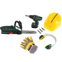 Theo Klein 8577 Bosch-bouwvakkerset I Draadloze schroevendraaier en kettingzaag met licht en geluid I Inclusief accessoires, inclusief helm, handschoenen en oorbeschermers I Speelgoed voor kinderen vanaf 3 jaar