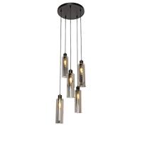 QAZQA - Moderne hanglamp zwart met smoke glas 5-lichts - Stavelot | Woonkamer | Slaapkamer | Keuken - Glas Rond - E27 Geschikt voor LED - Max. 5 x 40 Watt