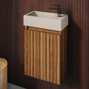 Fontana Crest toiletmeubel ribbelfront walnoot 40x22cm met beige fontein rechts