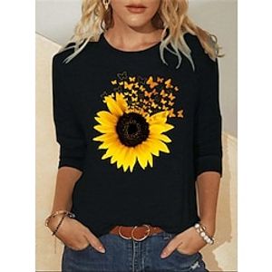 Dames T-shirt Katoen Vlinder Zonnebloem Afdrukken Feestdagen Weekend Modieus Lange mouw Ronde hals Zwart Lente Herfst Lightinthebox