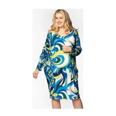 Yoek jurk met all over print en plooien ecru/blauw/lichtgroen