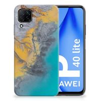 Huawei P40 Lite TPU Siliconen Hoesje Marble Blue Gold - thumbnail