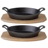 Cosy & Trendy Ovenschaal/gratinschaal - Set van 3x stuks - gietijzer - op houten plank - 30 x 17 x 5