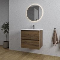 Adema Chaci Badkamermeubelset - 60x46x57cm - 1 keramische wasbak wit - 1 kraangat - 2 lades - ronde spiegel met verlichting - noten (hout) SW718696/SW804530/SW108325 - thumbnail