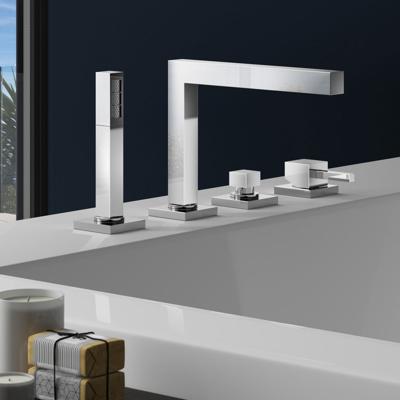 Badkraan Hotbath Bloke Inbouw Thermostatisch Vierkant Geborsteld Nikkel 2 Greeps 4 Gats met Handdouche