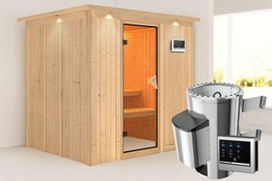 Karibu | Daria Sauna met Dakkraag | Bronzeglas Deur | Kachel 3,6 kW Externe Bediening