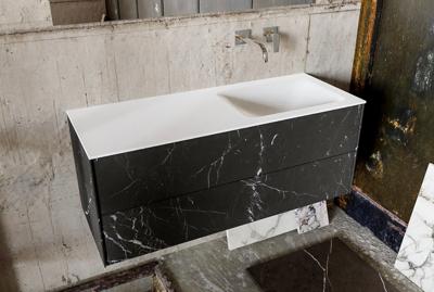 Badkamermeubel Kivi Hangend 120x47x45cm Porcelenato Black Solid Surface Wastafel Geen Kraangaten Rechts met 2 Lades Badkamermeubel Kivi Hangend 120x47x45cm Porcelenato Black Solid Surface Wastafel Geen Kraangaten Rechts met 2 Lades