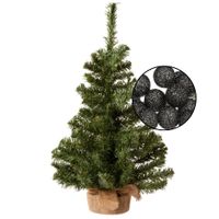 Mini kerstboompje groen - met verlichte bollen lichtsnoer zwart - H60 cm - thumbnail