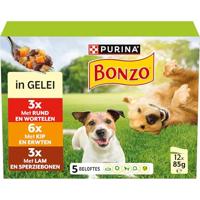 PURINA BONZO Adult met Kip en Erwten in Gelei, met Rund en Wortelen in Gelei, met Lam en Sperziebonen in Gelei Maaltijdzakjes 12x85g (48 portiezakjes; 4,08kg)