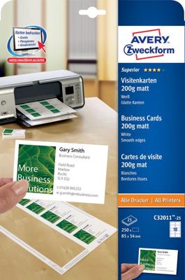Avery-Zweckform C32011-25 Bedrukbare visitekaarten, gladde kant 85 x 54 mm Wit 250 stuk(s) Papierformaat: DIN A4
