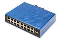 DIGITUS PoE Netwerk switch - 18-poorts Gigabit Ethernet - 16x RJ45 + 2x SFP - IP40 - L2 managed - 10/100/1000 Mbit/s - DIN rail montage - industriële serie - zwart/blauw