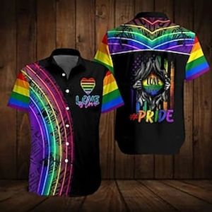 Voor heren Overhemd Hawaiiaans overhemd Hart Regenboog Grafische prints Trots Strijkijzer Zwart Paars Regenboog Straat Casual Korte Mouw Afdrukken Button-omlaag Kleding Tropisch Modieus Hawaii Lightinthebox