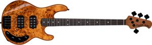 Sterling by Music Man StingRay Ray34 HH Poplar Burl Amber elektrische basgitaar met deluxe gigbag