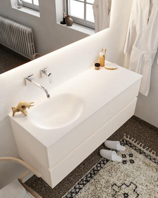 Mondiaz Vica 120cm badmeubel linen 2 lades wastafel Moon links zonder kraangat Mondiaz Vica 120cm badmeubel linen 2 lades wastafel Moon links zonder kraangat