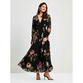 chiffon bruiloftsgast bloemen ruches v-hals maxi ascot jurk bruiloftsgast jurk