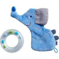 Haba rammelaar Olifant 14 cm polyester blauw 2 delig