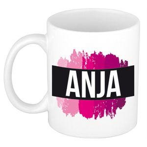 Anja  naam / voornaam kado beker / mok roze verfstrepen - Gepersonaliseerde mok met naam   -