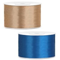 Sierlinten/cadeaulinten/satijnen linten - Set 2x stuks - goud en donkerblauw - 38 mm x 25 meter - thumbnail