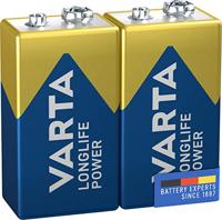 VARTA Longlife Power 9V Block batterij 6LR61 (verpakking met 2 stuks) Alkaline E-Block Batterijen - Made in Germany - ideaal voor brandmelder rookmelder stemapparaat